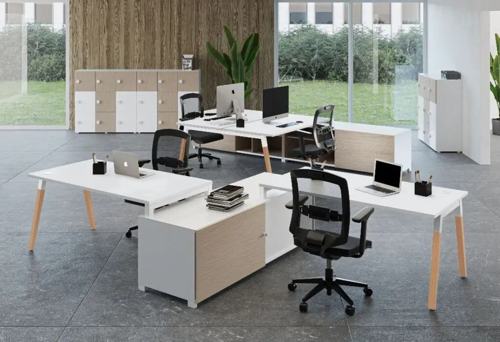 Buronomics Dialogue desk white wooden leg