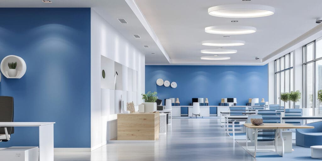 office interior clean white and blue contemporary design